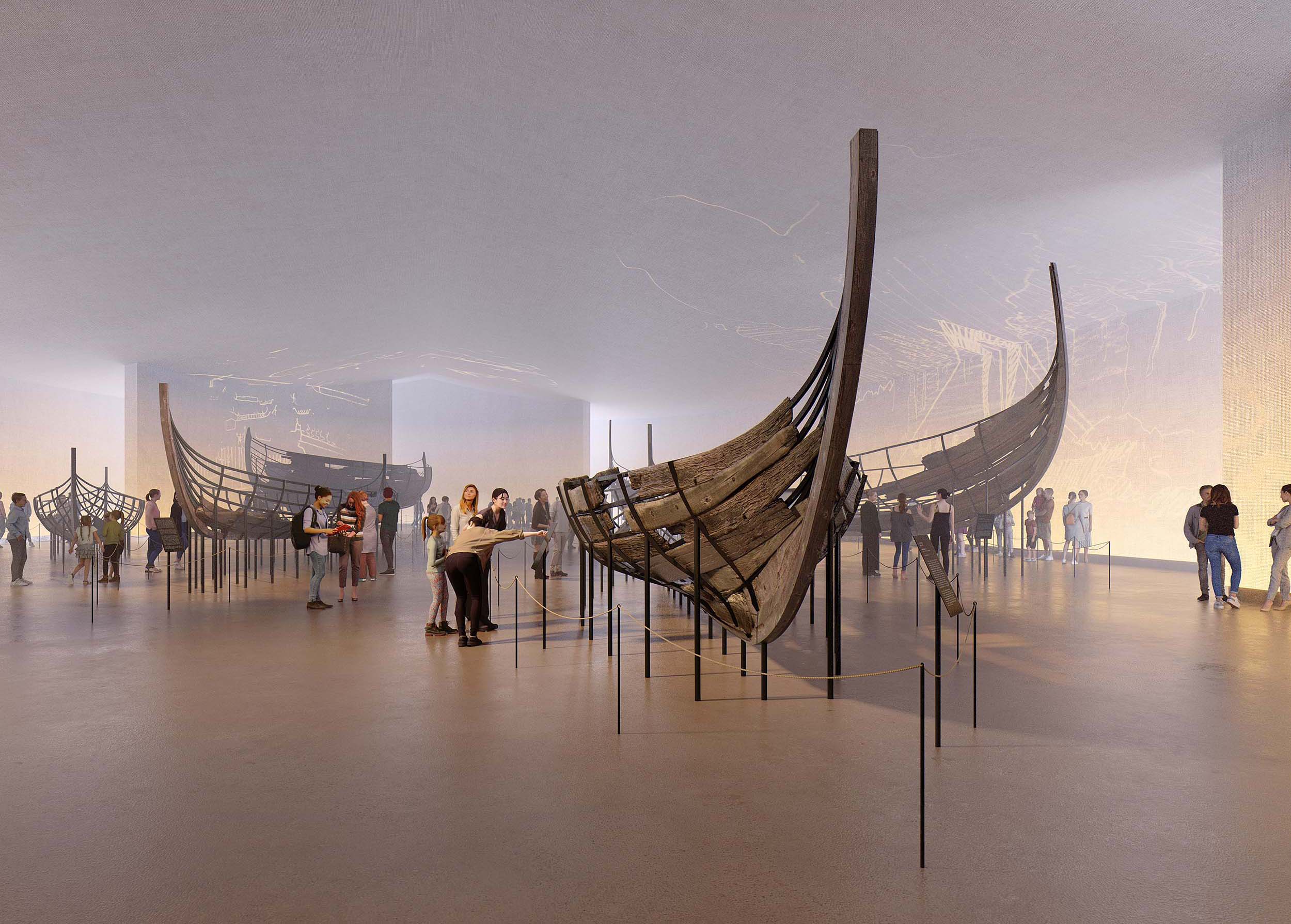 Interior rendering of the new museum showcasing the Viking ships. Visualization: © Lundgaard & Tranberg Arkitekter.