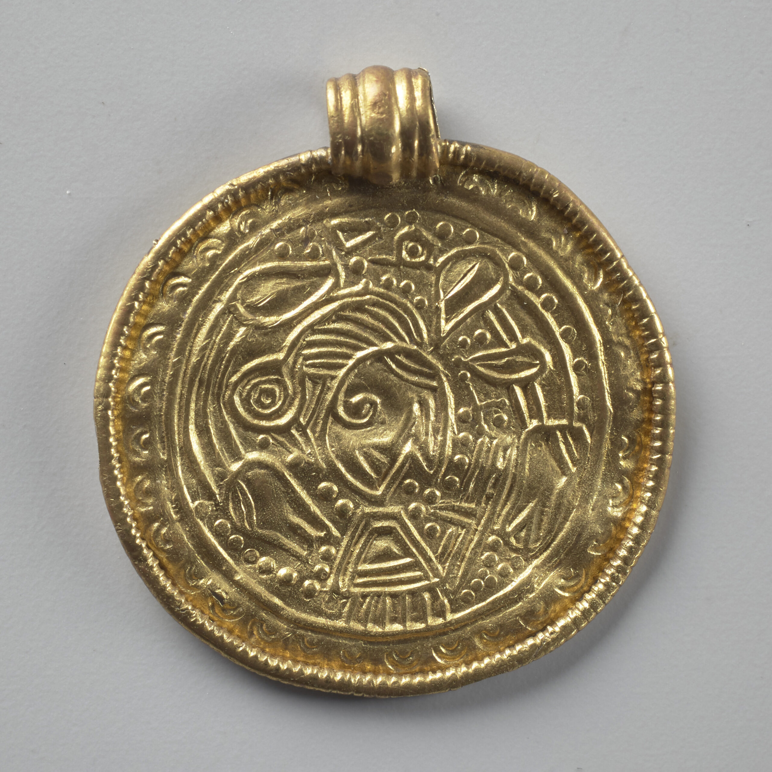 Bracteate. Joa, Rogaland, Norway. Kulturhistorisk Museum, Oslo, C2022. Photo: Kirsten Helgeland (CC BY-SA).