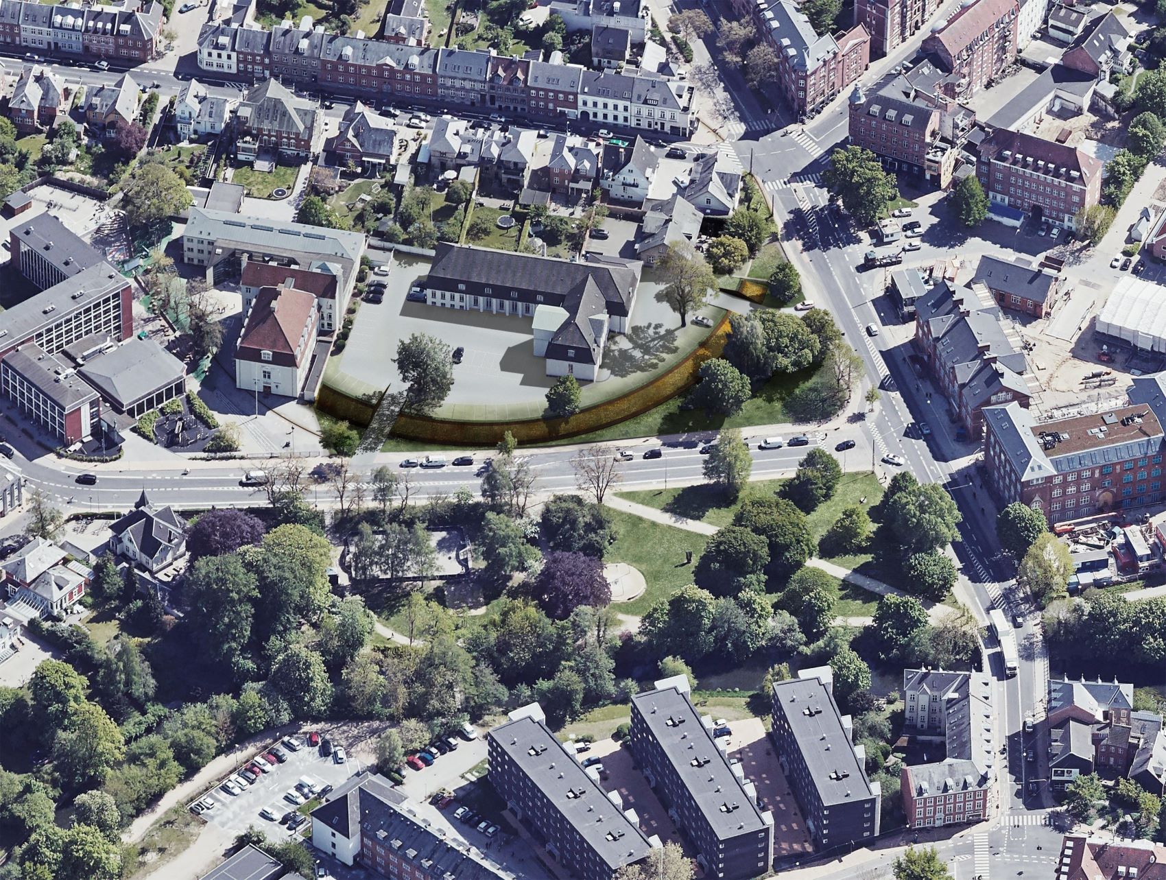 Aerial view of the planned markings for the Viking fortress Nonnebakken. Visualisation: Erik Brandt Dam Arkitekter.